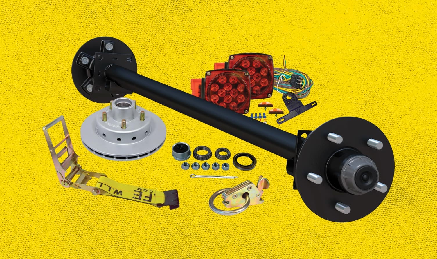 Trailer replacement parts including hitches and wheels