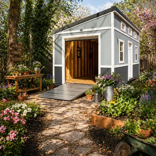 Gray and white H&H garden shed with open double doors, a ramp, and surrounding flower beds and potting bench