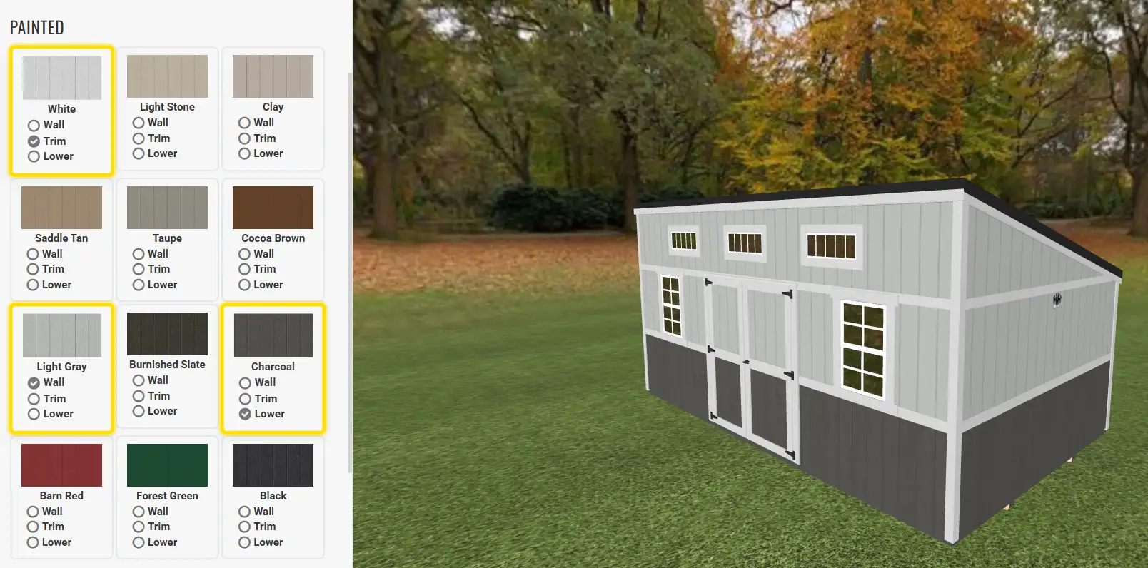 H&H shed color customizer showing painted siding swatches alongside a 3D rendered two-story shed in light gray and charcoal