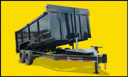A black tandem-axle dump trailer with its bed raised, shown on a yellow background.