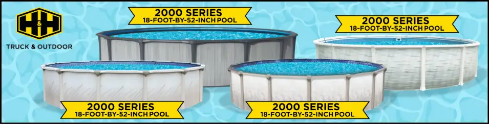 A composite banner showing four above-ground pools labeled 2000 Series, 18-foot-by-52-inch pool.